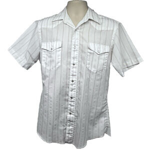 Vintage Wrangler Cowboy Cut White Striped Pearl Snap Shirt M Flap Pockets USA
